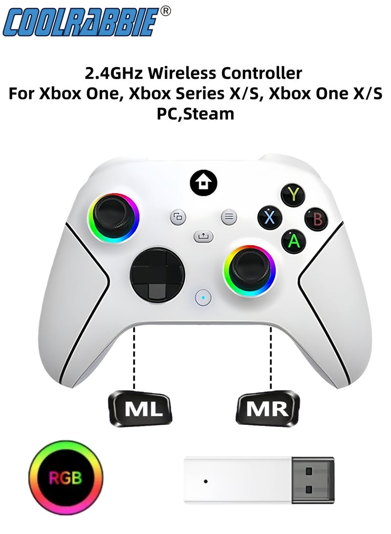 كول رابي وحدة تحكم لاسلكية بتردد 2.4 جيجاهرتز مع إضاءة RGB بسبعة ألوان لأجهزة Xbox One و Xbox Series X/S و Xbox One X/S والكمبيوتر الشخصي و Steam، مزودة بعصا تحكم بتقنية تأثير هول، وبطارية بسعة 800 مللي أمبير/ساعة، ووظيفة اهتزاز مزدوج، ووظيفة توربو، وإمكانية البرمجة، ومنفذ صوت 3.5 ملم (أبيض لؤلؤي). - Image 1
